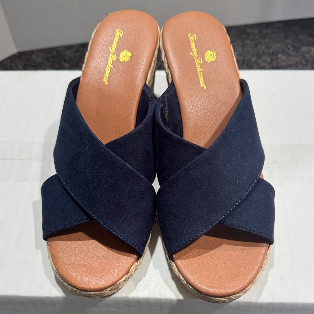 Tommy Bahama Navy Blue Crisscross Espadrille Wedge Mules